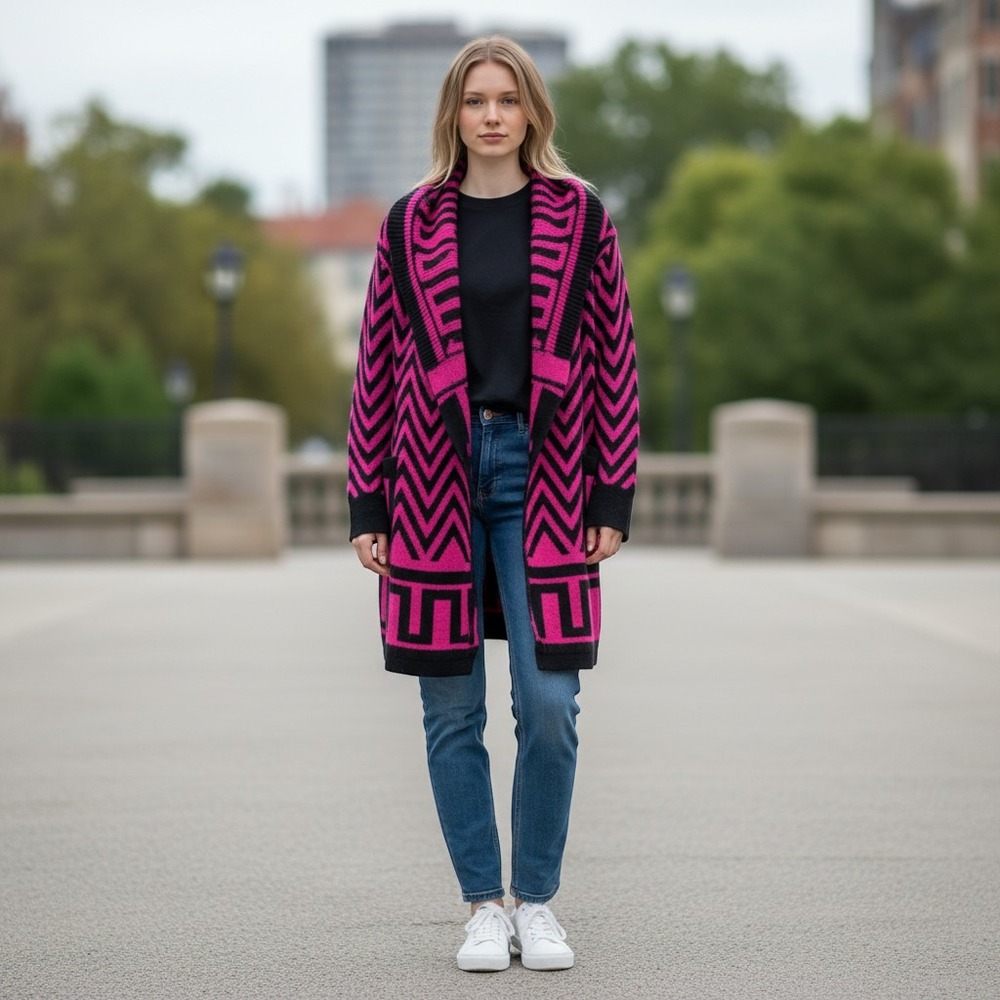 Allison Brittney Pink Black Chevron Geometric Open Front Cardigan Sweater M